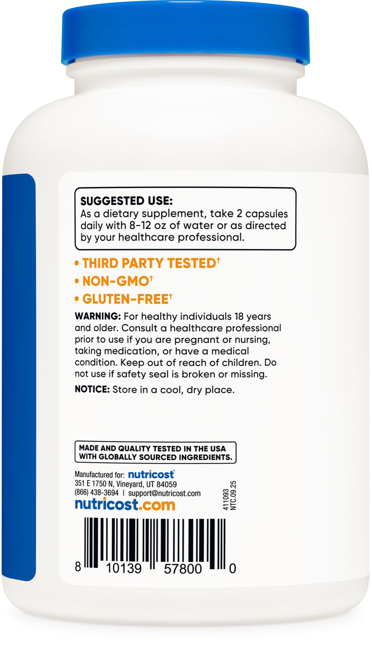 Etiqueta Nutricost con lista de ingredientes y certificaciones para control de calidad