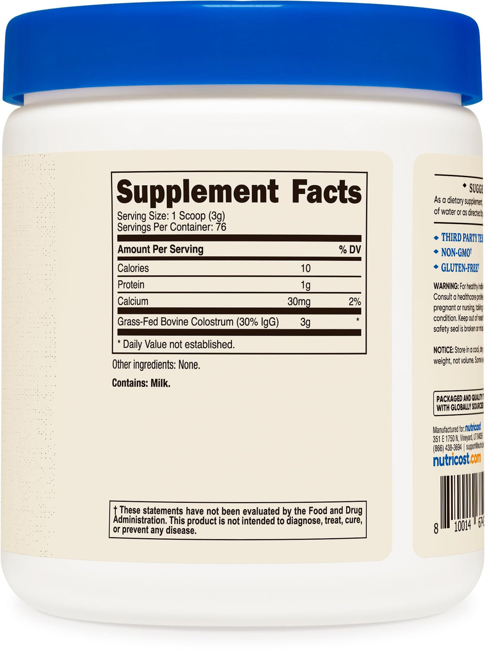 Nutricost envase junto a objeto de referencia que muestra tamaño