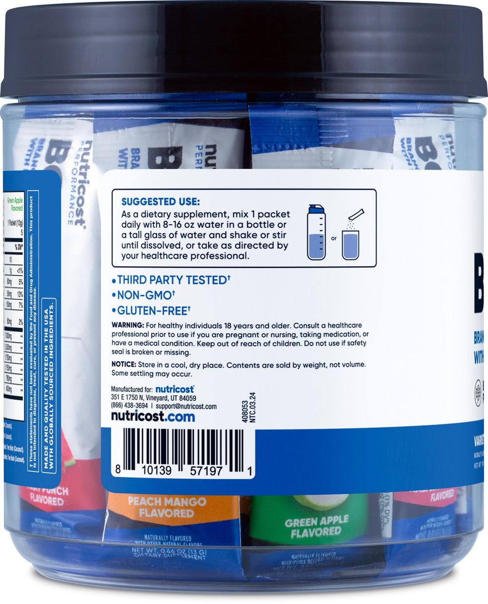 Stickpack Nutricost al lado de un vaso, muestra la porción y escala