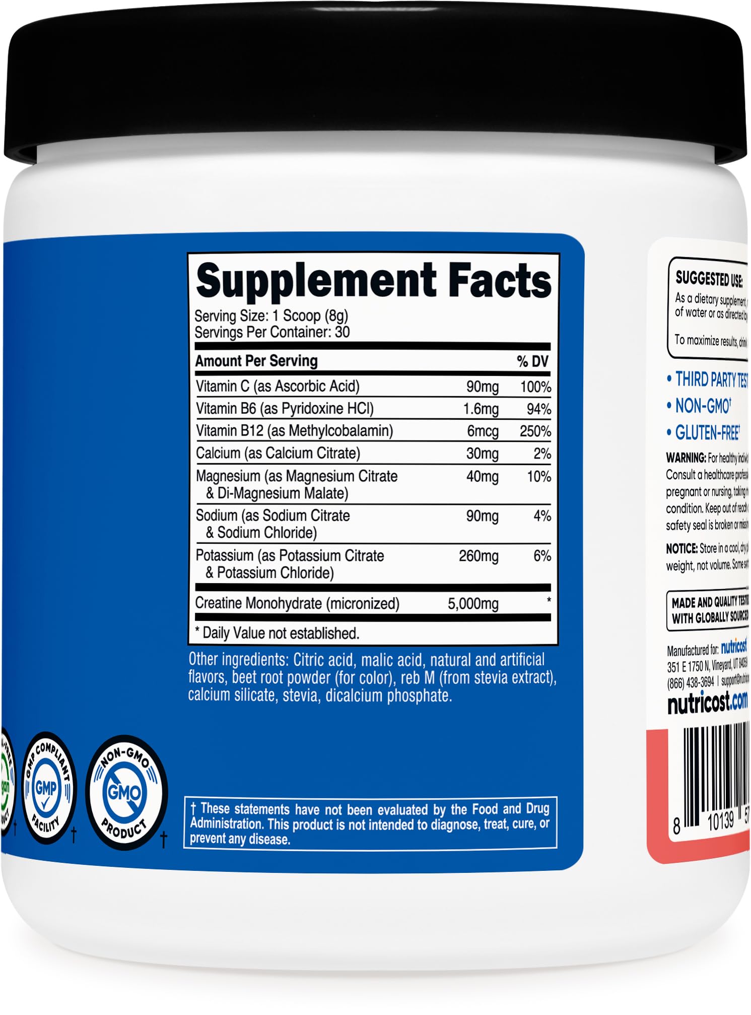 Nutricost etiqueta nutricional y sellos GMP/NSF visibles, garantía de calidad