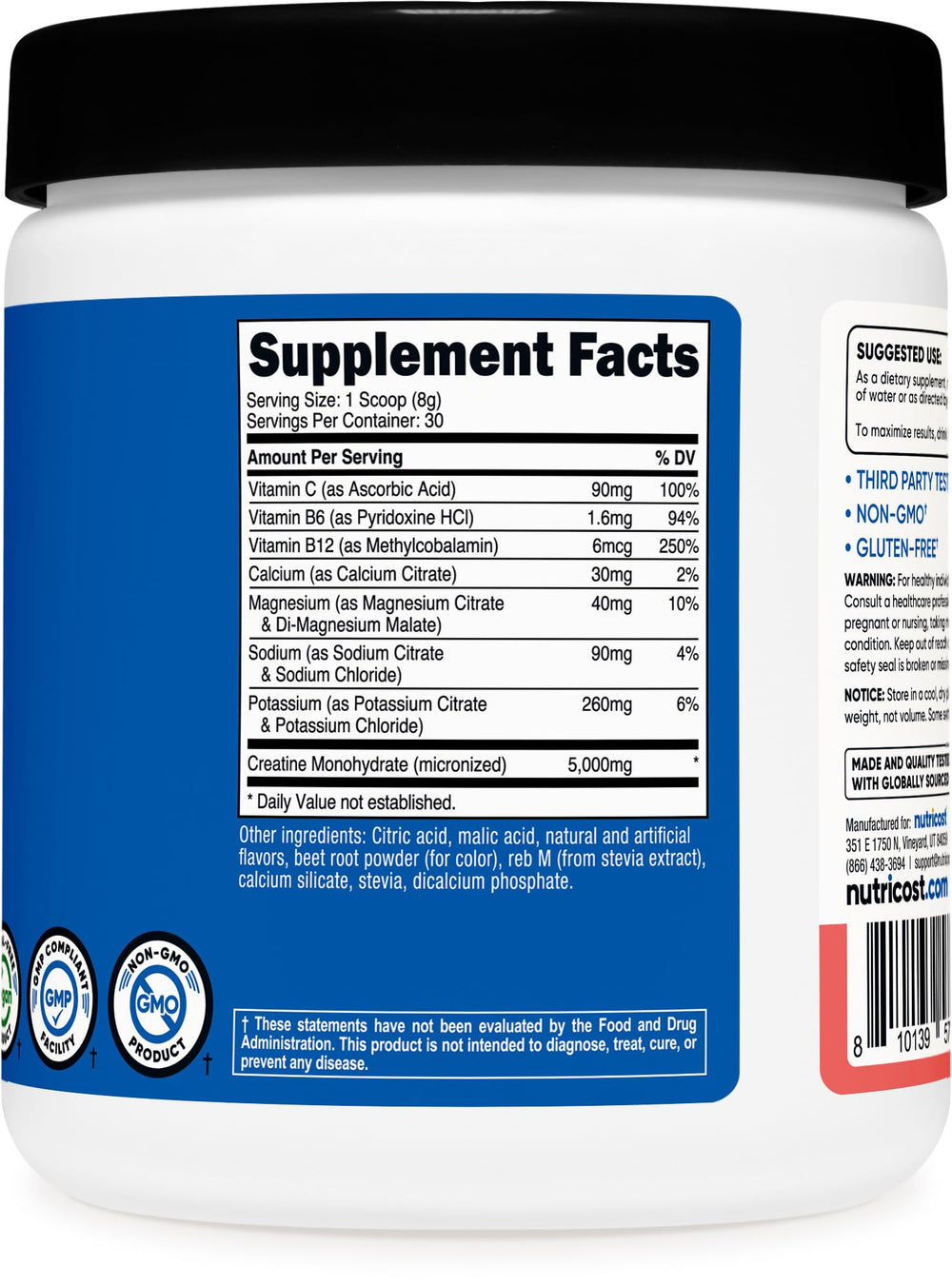 Nutricost etiqueta nutricional y sellos GMP/NSF visibles, garantía de calidad