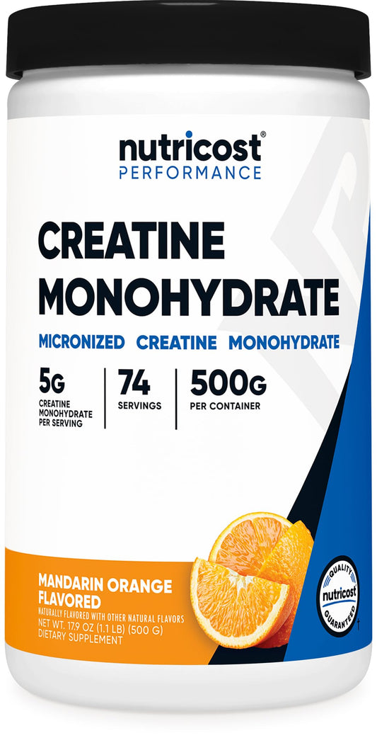 Nutricost envase frontal de creatina mandarina, presentación clara y práctica