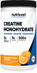 Nutricost envase frontal de creatina mandarina, presentación clara y práctica