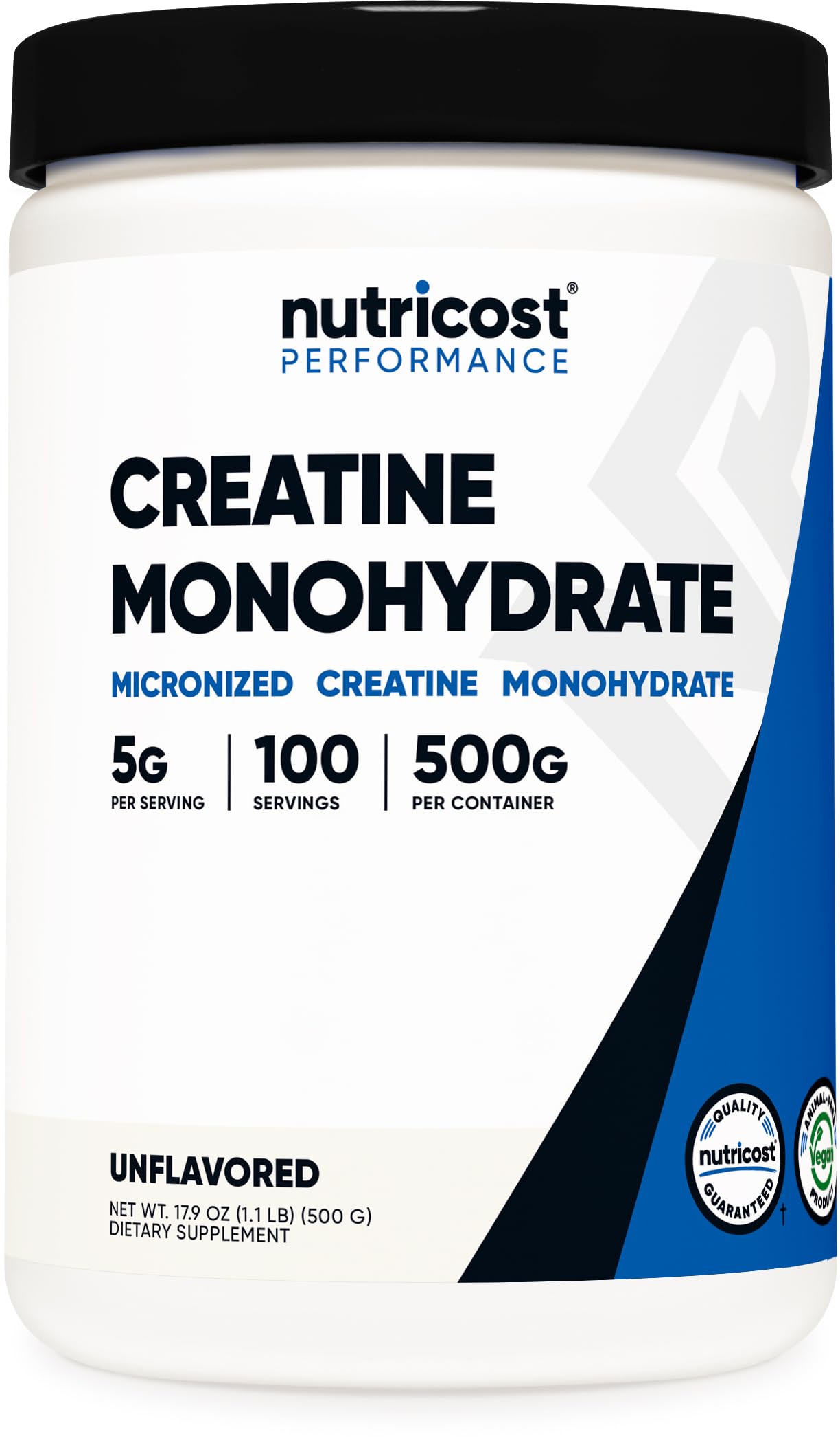 Nutricost envase frontal mostrando 500 g y etiqueta clara para confianza