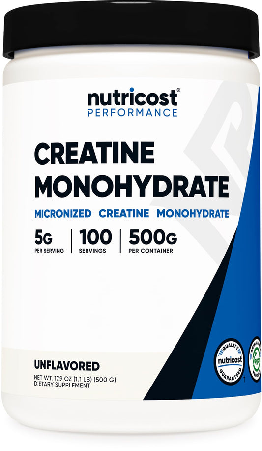 Nutricost envase frontal mostrando 500 g y etiqueta clara para confianza