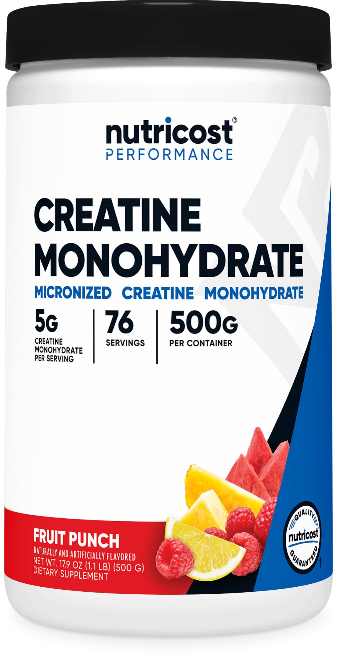 Nutricost creatina monohidrato frente del envase mostrando marca y sabor
