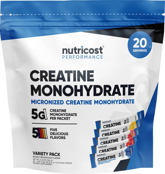 Nutricost empaque frontal de stickpacks mostrando conveniencia y marca