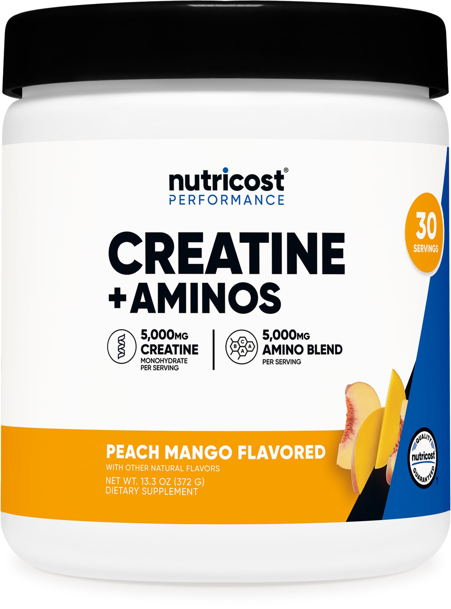 Nutricost Creatine + Aminos envase frontal mostrando diseño y sabor durazno mango, fácil identificación