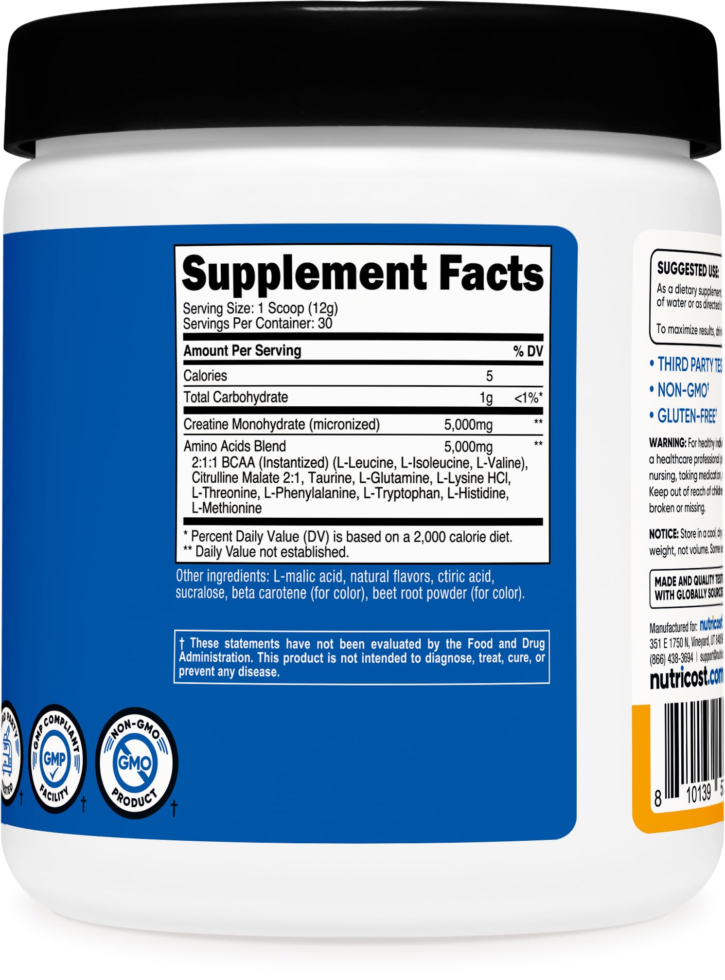 Nutricost Creatine + Aminos etiqueta y tabla nutricional clara, garantía de calidad y dosificación