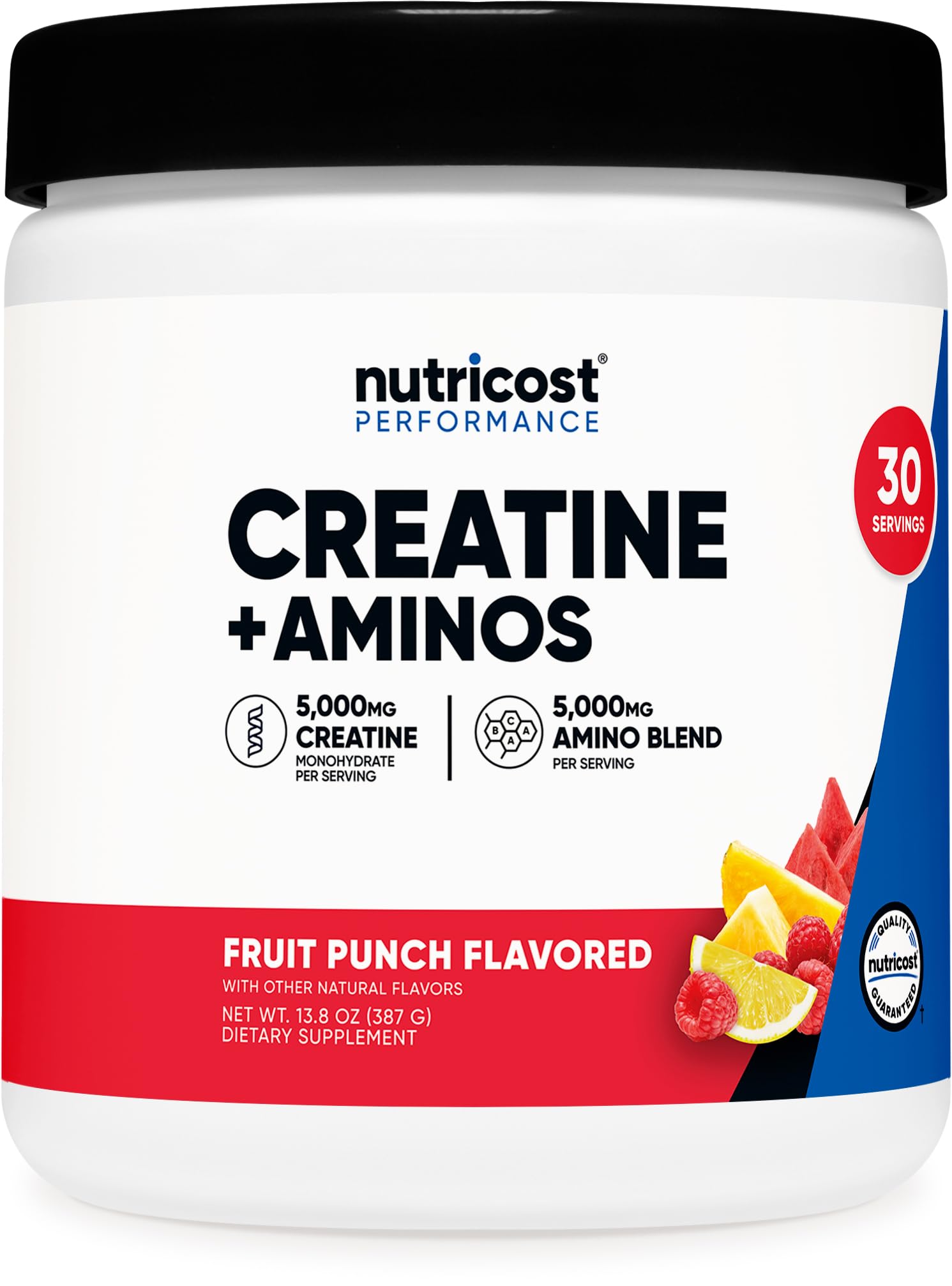 Nutricost envase frontal con sabor Fruit Punch y 30 servicios, fácil identificación