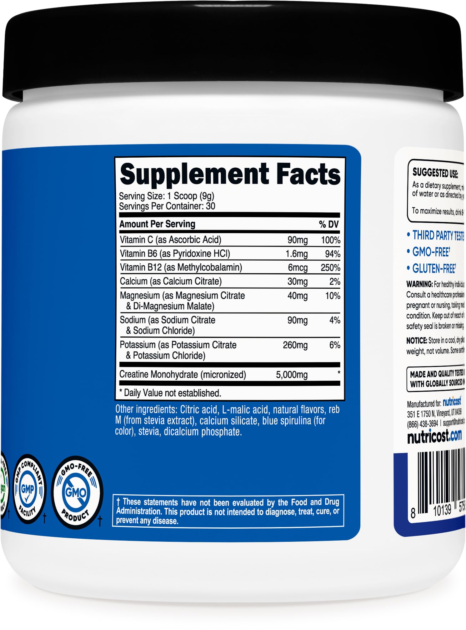 Nutricost creatine monohydrate envase junto a mano para comparar tamaño y porciones disponibles