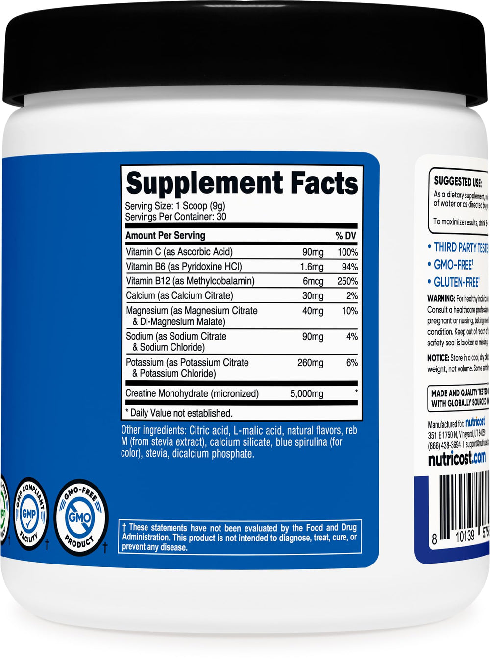 Nutricost creatine monohydrate envase junto a mano para comparar tamaño y porciones disponibles