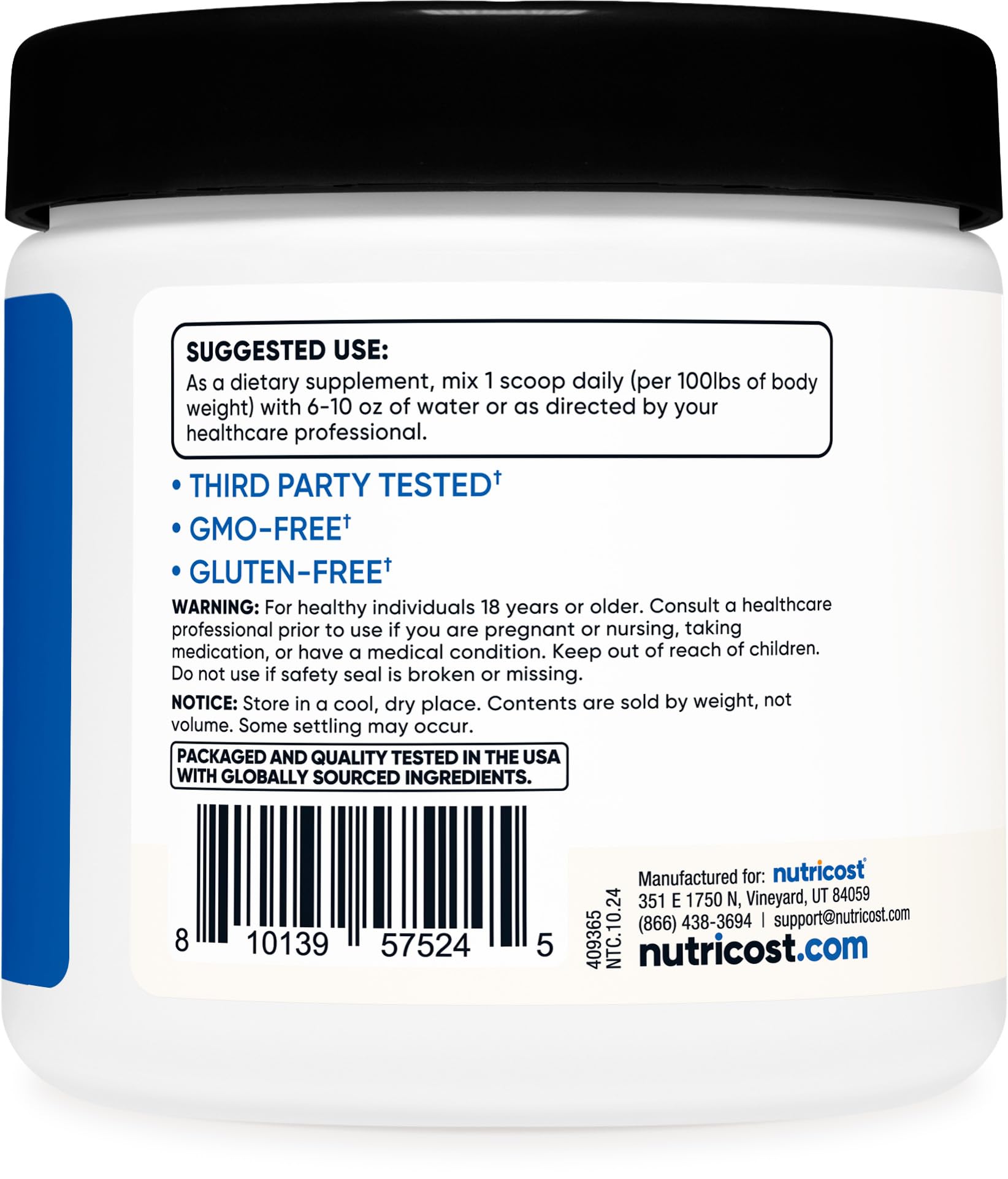 Nutricost creatine HCl junto a objetos para mostrar tamaño y porciones