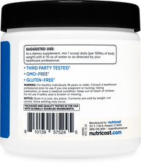 Nutricost creatine HCl junto a objetos para mostrar tamaño y porciones