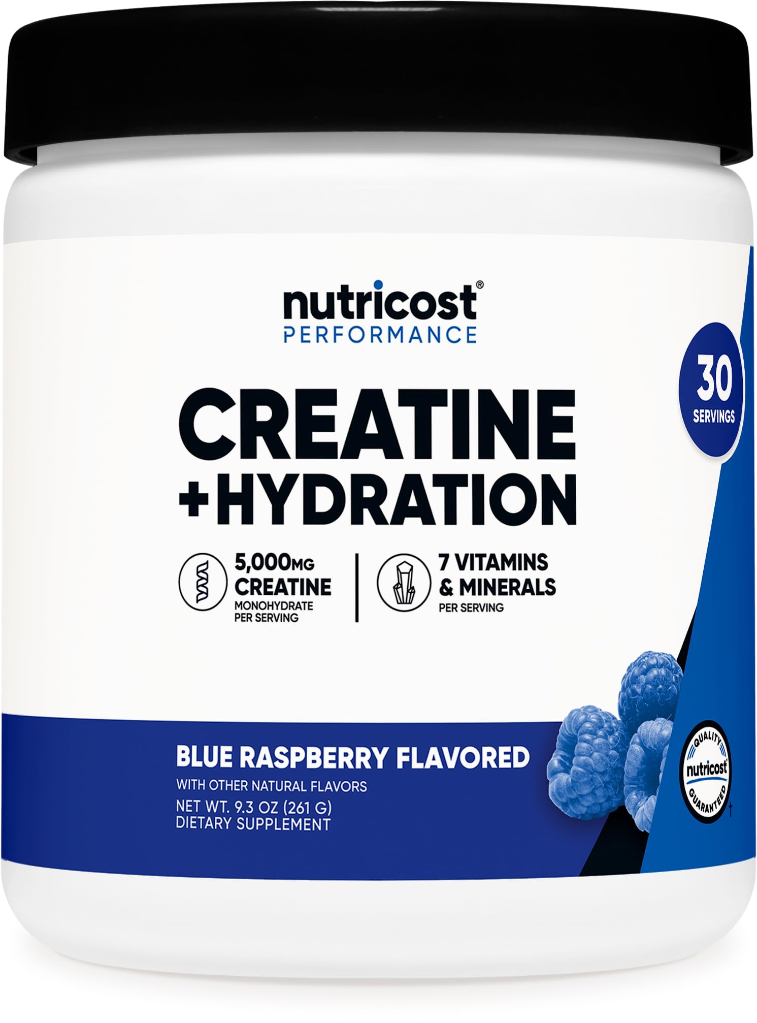 Nutricost creatine monohydrate frontal del envase mostrando el sabor blue raspberry y beneficios