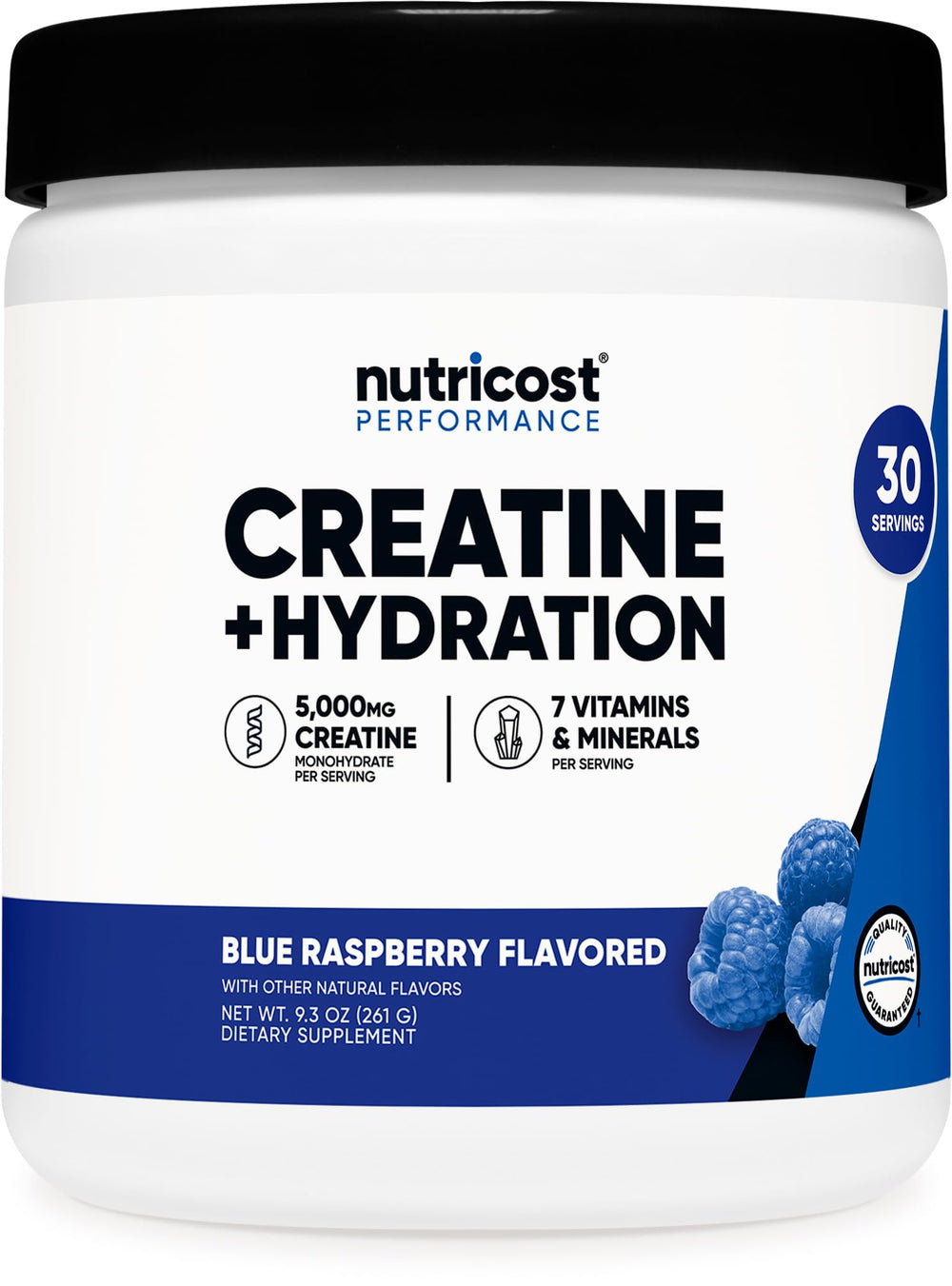 Nutricost creatine monohydrate frontal del envase mostrando el sabor blue raspberry y beneficios