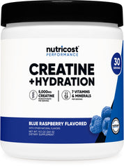 Nutricost creatine monohydrate frontal del envase mostrando el sabor blue raspberry y beneficios