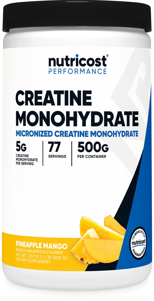 Nutricost Creatine Monohydrate frontal del envase mostrando 500 g y sabor piña-mango, práctico