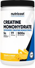 Nutricost Creatine Monohydrate frontal del envase mostrando 500 g y sabor piña-mango, práctico