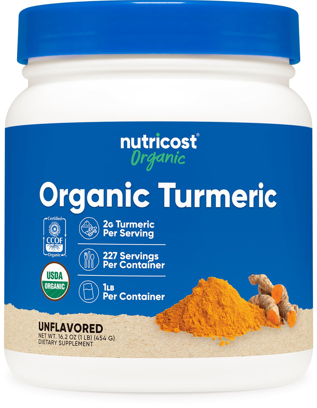 Nutricost envase frontal mostrando la cúrcuma orgánica y tamaño generoso