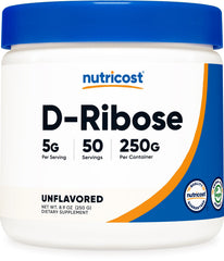 Nutricost envase frontal de D‑ribosa mostrando etiqueta clara y cantidad