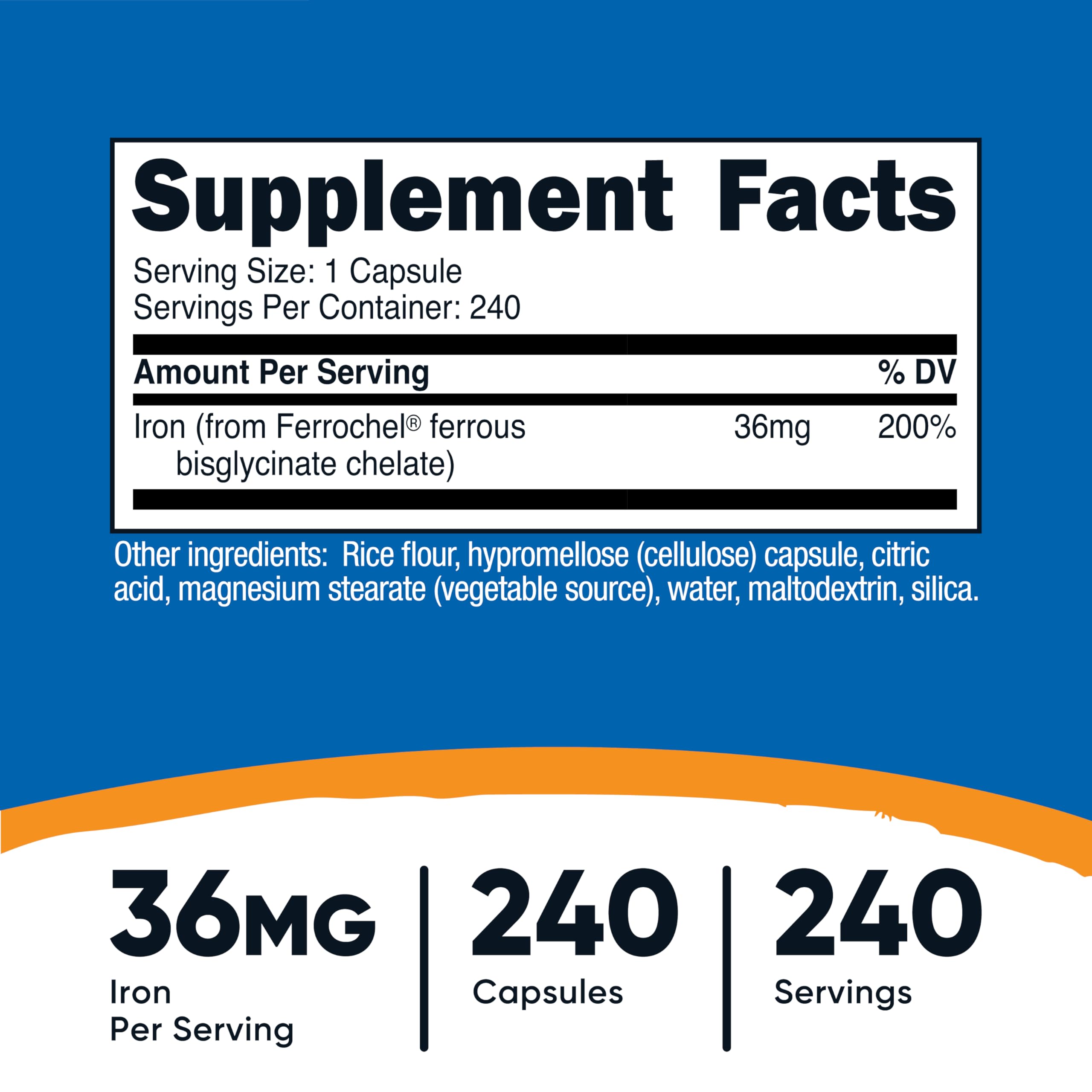 Etiqueta Nutricost Ferrochel con información de 36 mg y certificaciones