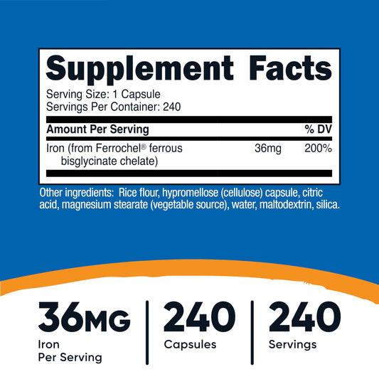 Etiqueta Nutricost Ferrochel con información de 36 mg y certificaciones
