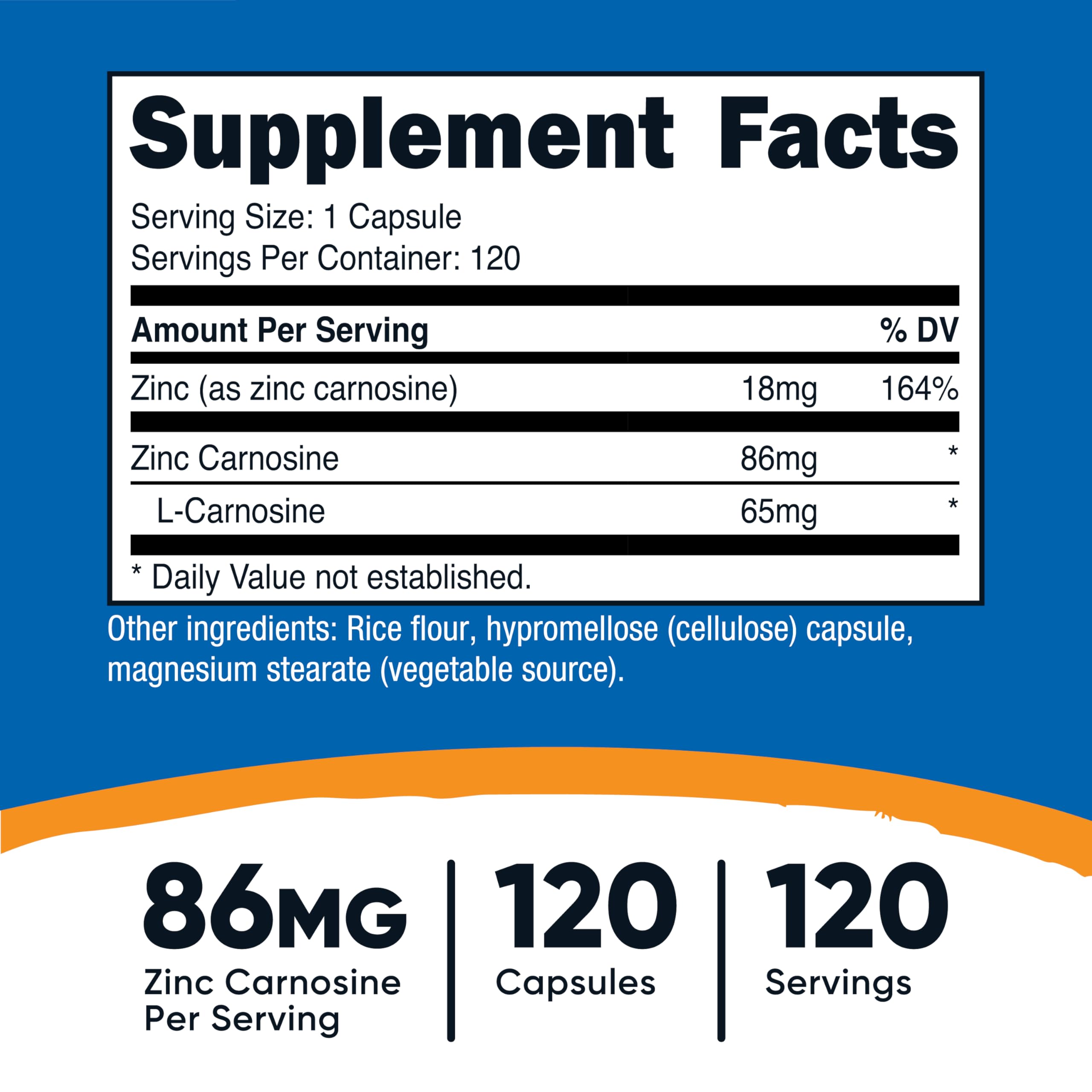 Nutricost detalle de etiqueta con información de zinc carnosina y certificaciones