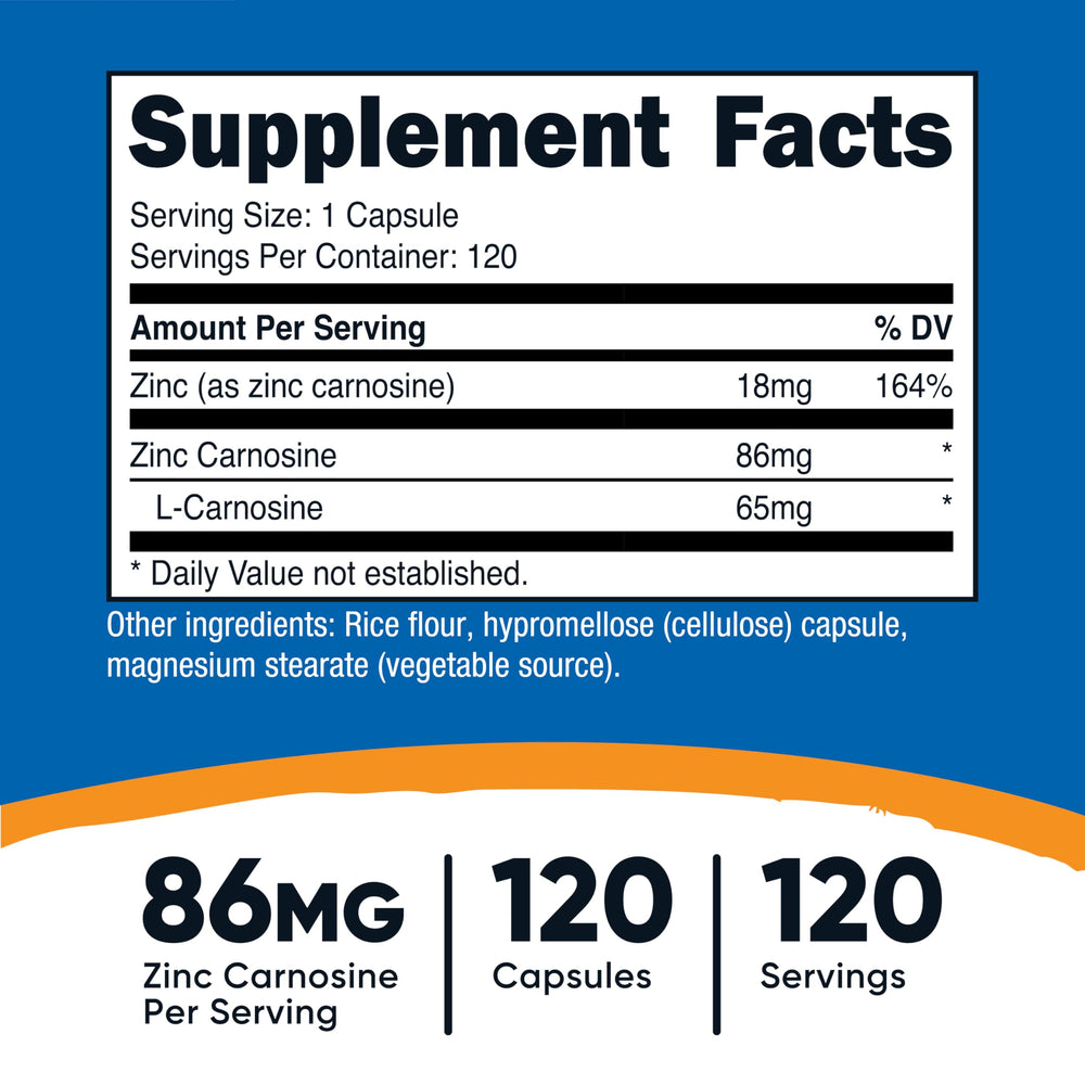 Nutricost detalle de etiqueta con información de zinc carnosina y certificaciones