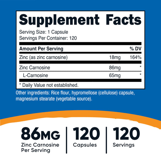 Nutricost detalle de etiqueta con información de zinc carnosina y certificaciones