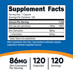 Nutricost detalle de etiqueta con información de zinc carnosina y certificaciones