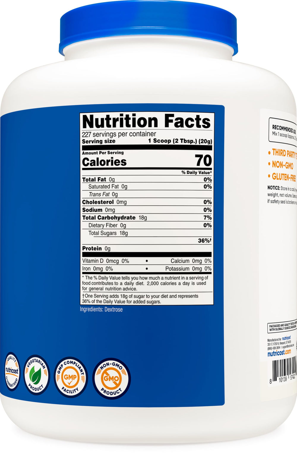 Nutricost etiqueta con certificaciones NSF, GMP y libre de gluten