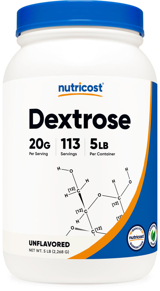 Nutricost envase frontal dextrose 5 lbs mostrando diseño y cantidad