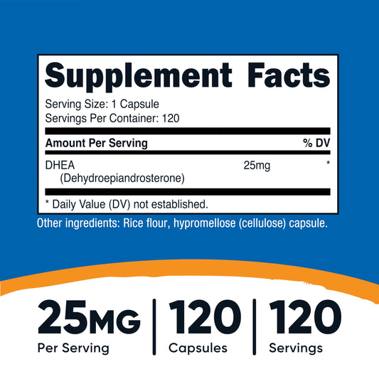 Cápsula de Nutricost DHEA en primer plano mostrando textura y tamaño