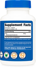 Etiqueta Nutricost DHEA con información de 25 mg por cápsula y certificaciones
