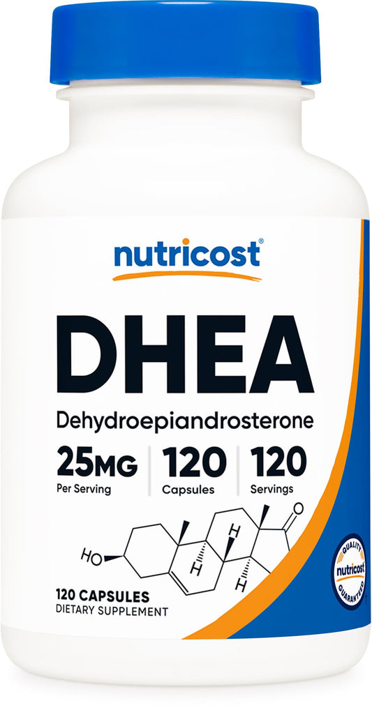 Nutricost DHEA frasco frontal mostrando 120 cápsulas y etiqueta clara