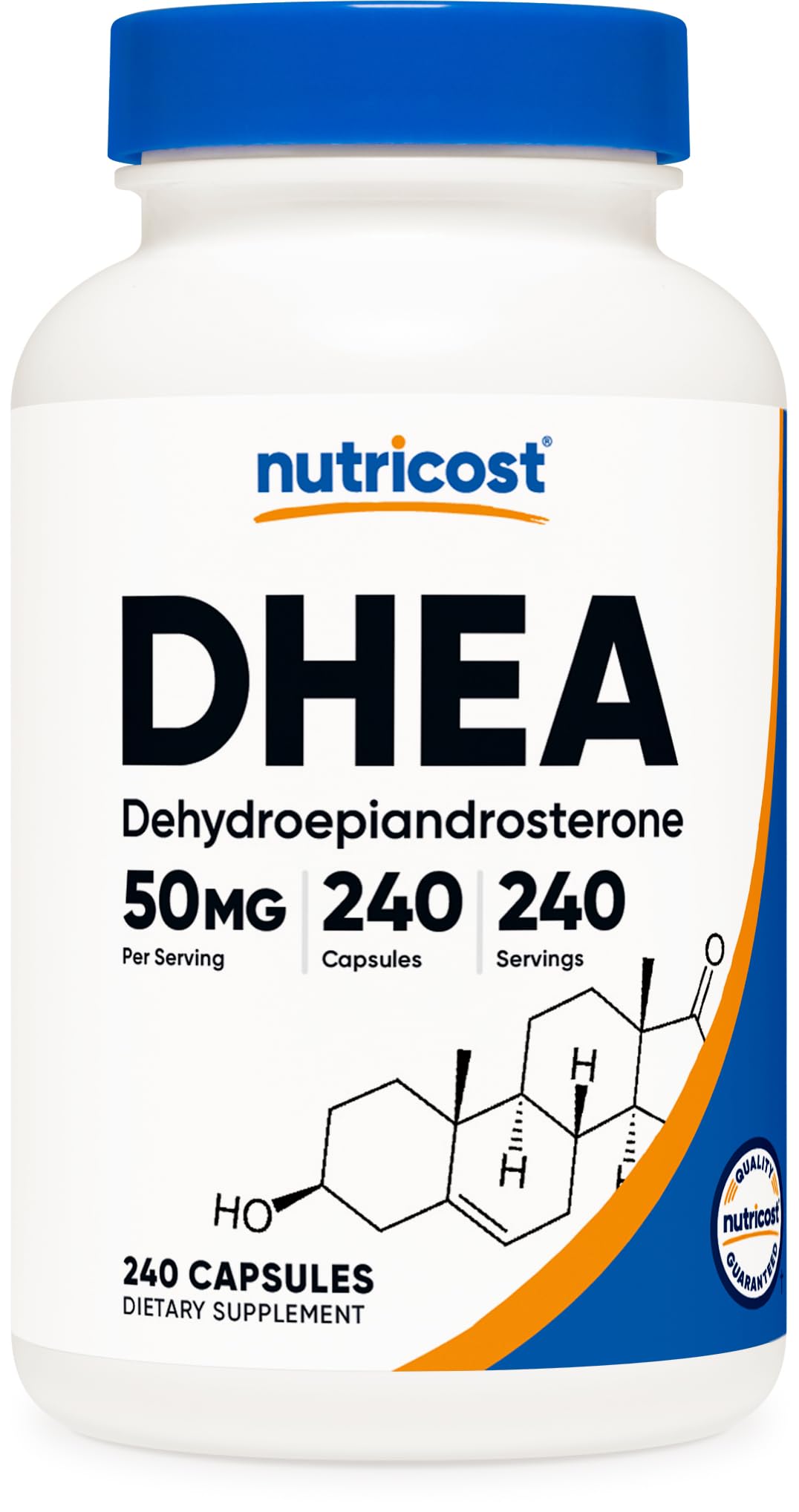 Nutricost frasco frontal DHEA 50 mg mostrando envase y cantidad