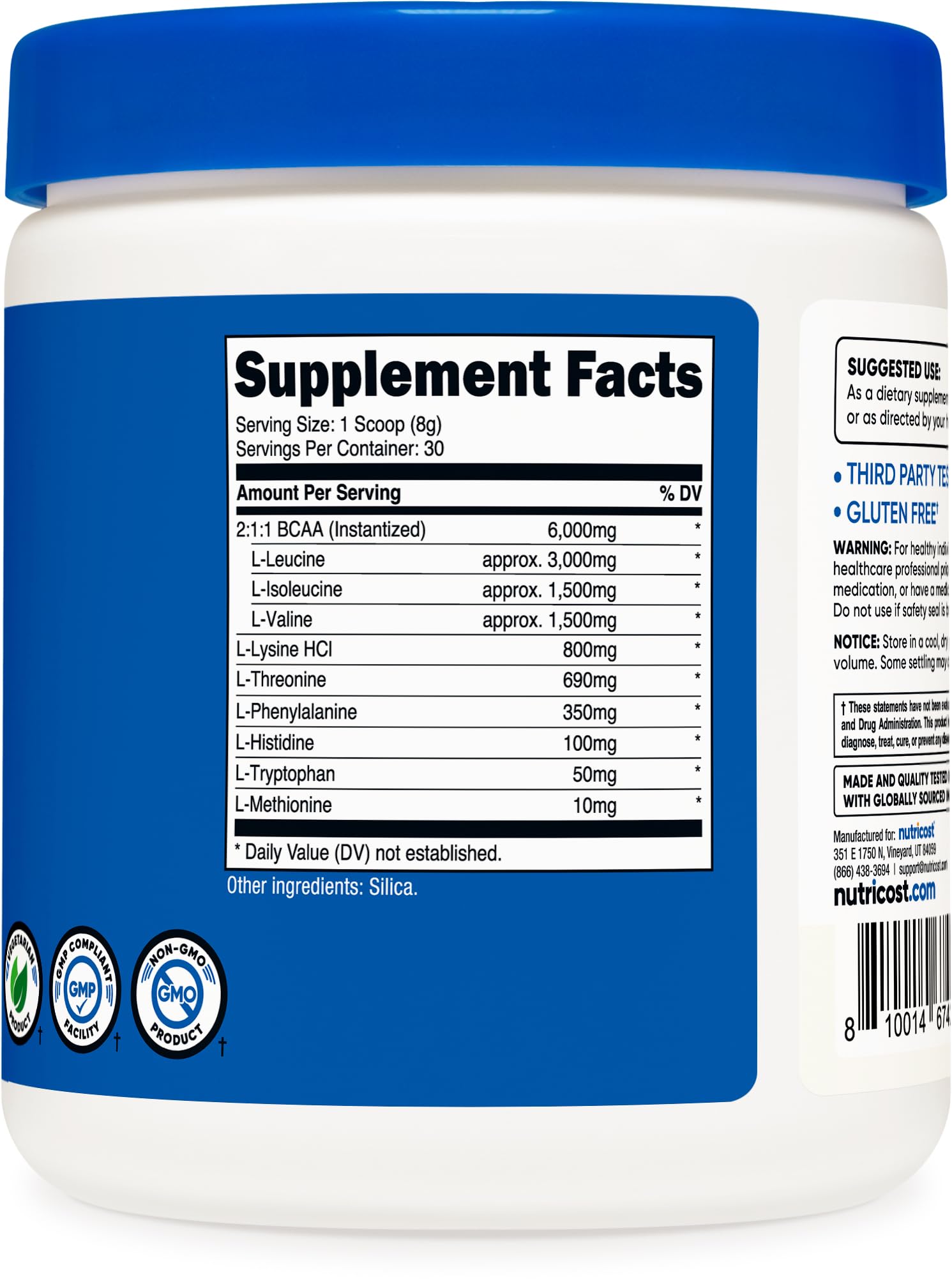 Nutricost etiqueta con lista de aminoácidos y certificaciones