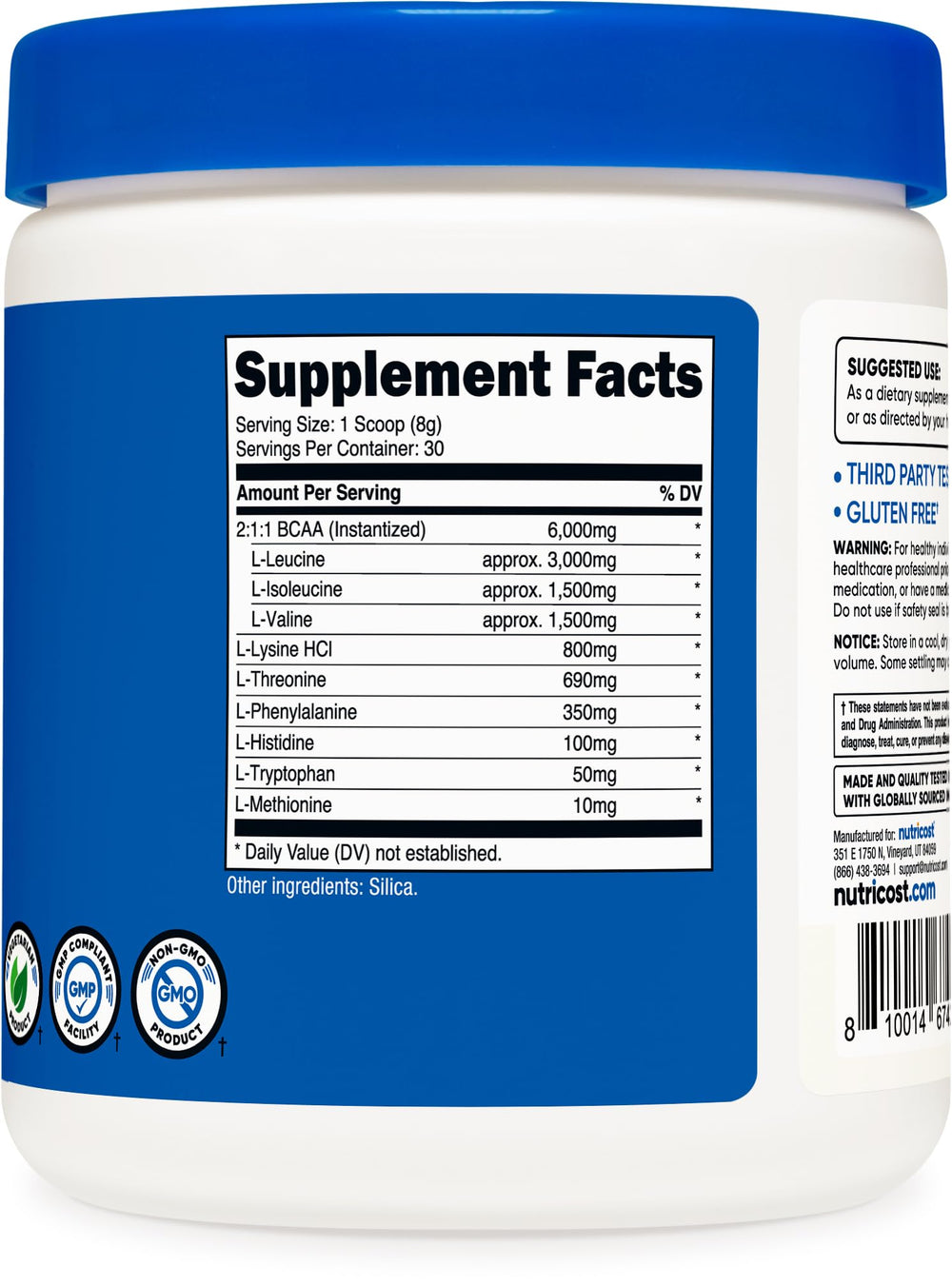Nutricost etiqueta con lista de aminoácidos y certificaciones