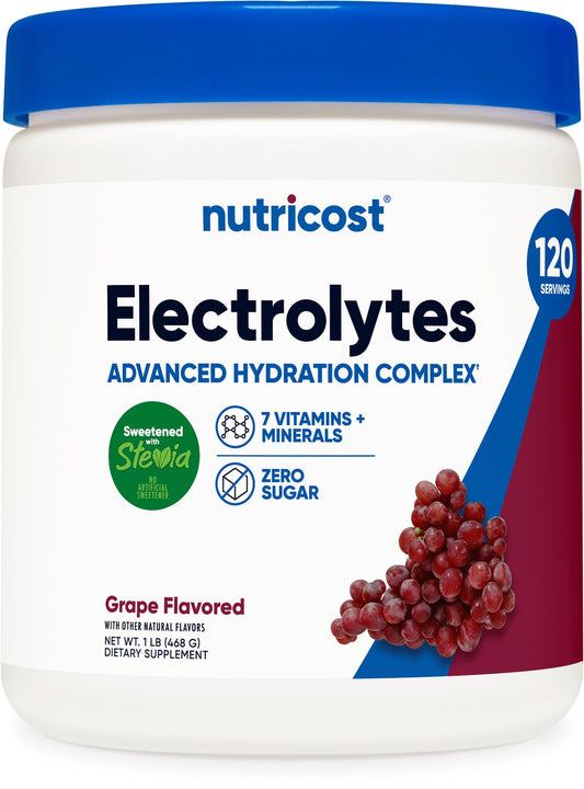Nutricost envase frontal del Electrolyte Complex Uva mostrando 120 servicios y beneficios