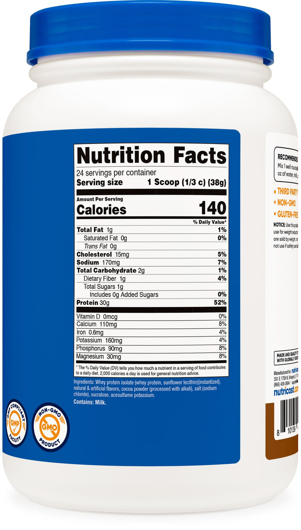 Nutricost envase junto a objetos de referencia para mostrar tamaño y rendimiento