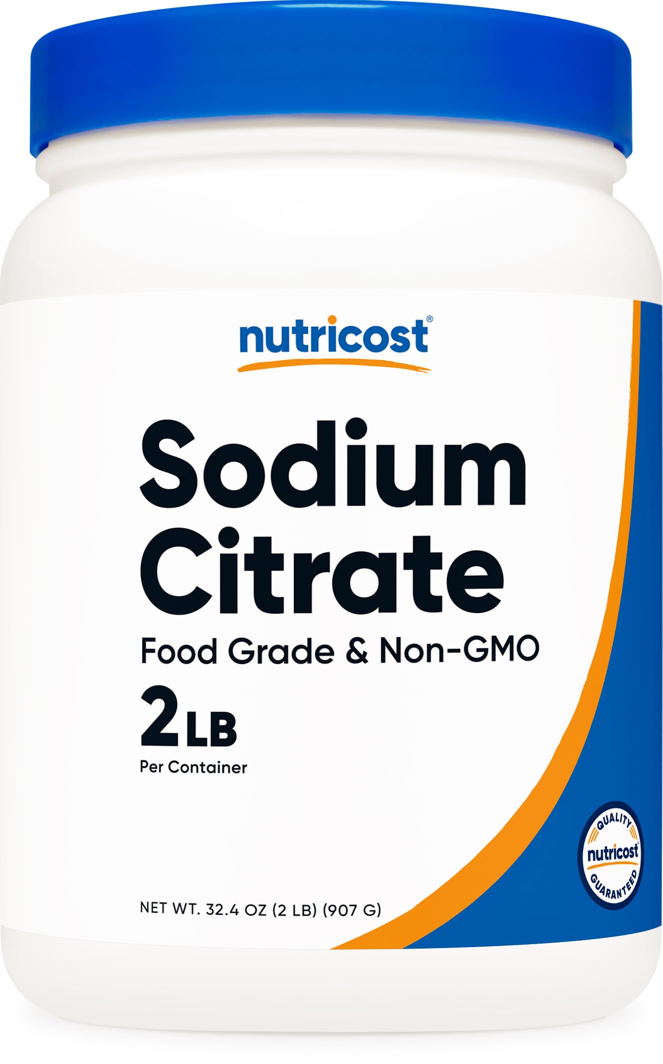 Nutricost envase frontal mostrando citrato de sodio y cantidad 2 lb, beneficio: dosificación clara