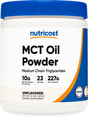 Nutricost envase frontal MCT polvo presentación clara y beneficios prácticos