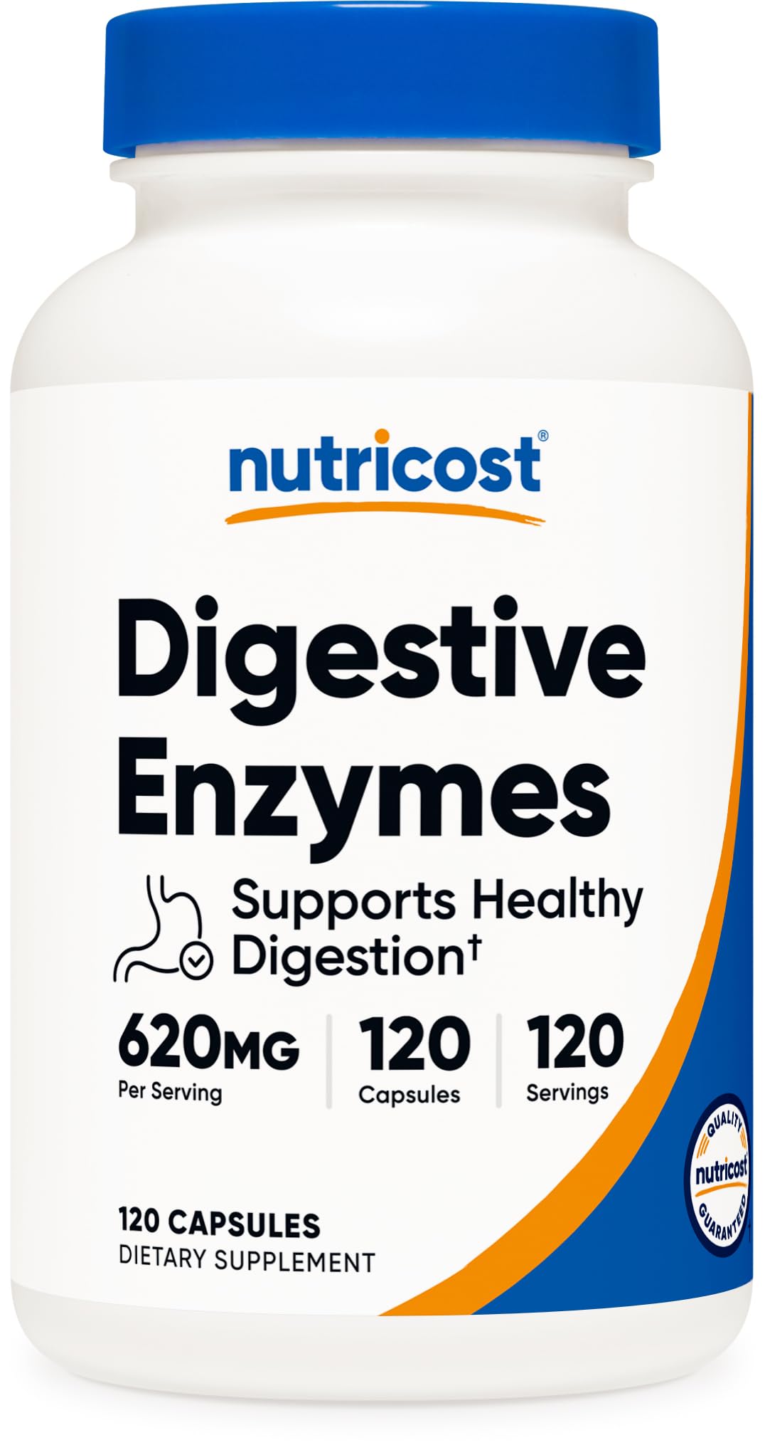 Nutricost envase frontal mostrando 120 cápsulas y beneficios de apoyo digestivo