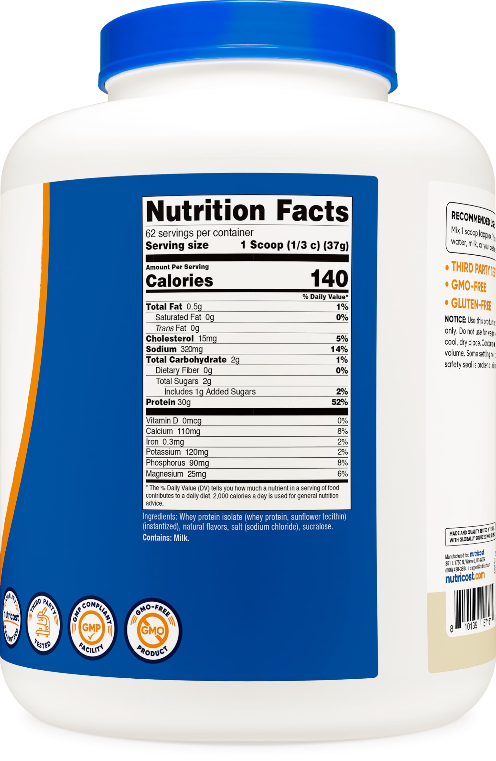 Nutricost envase junto a una botella para visualizar tamaño y duración del producto