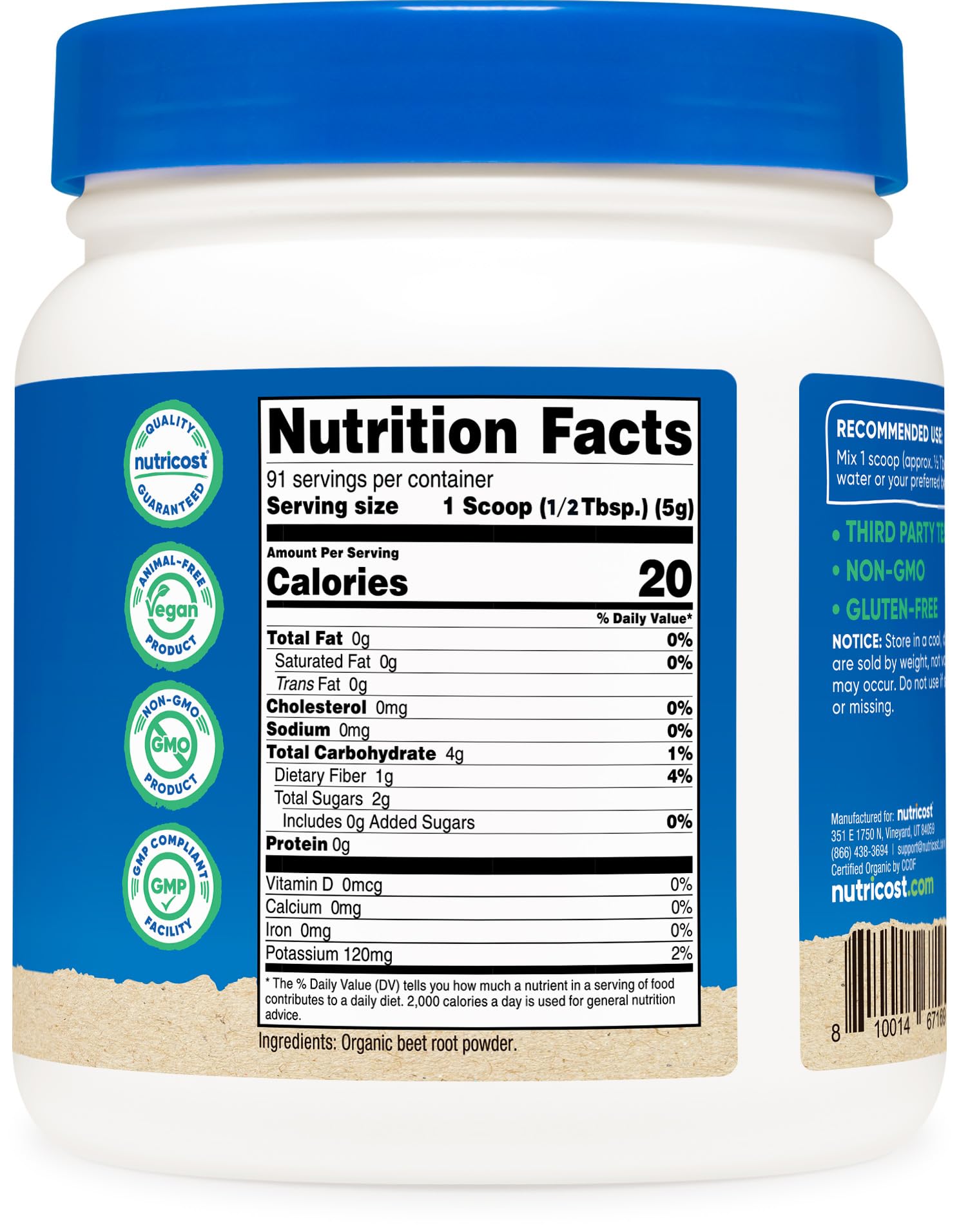 Nutricost frasco junto a una mano para comparar tamaño y cantidad