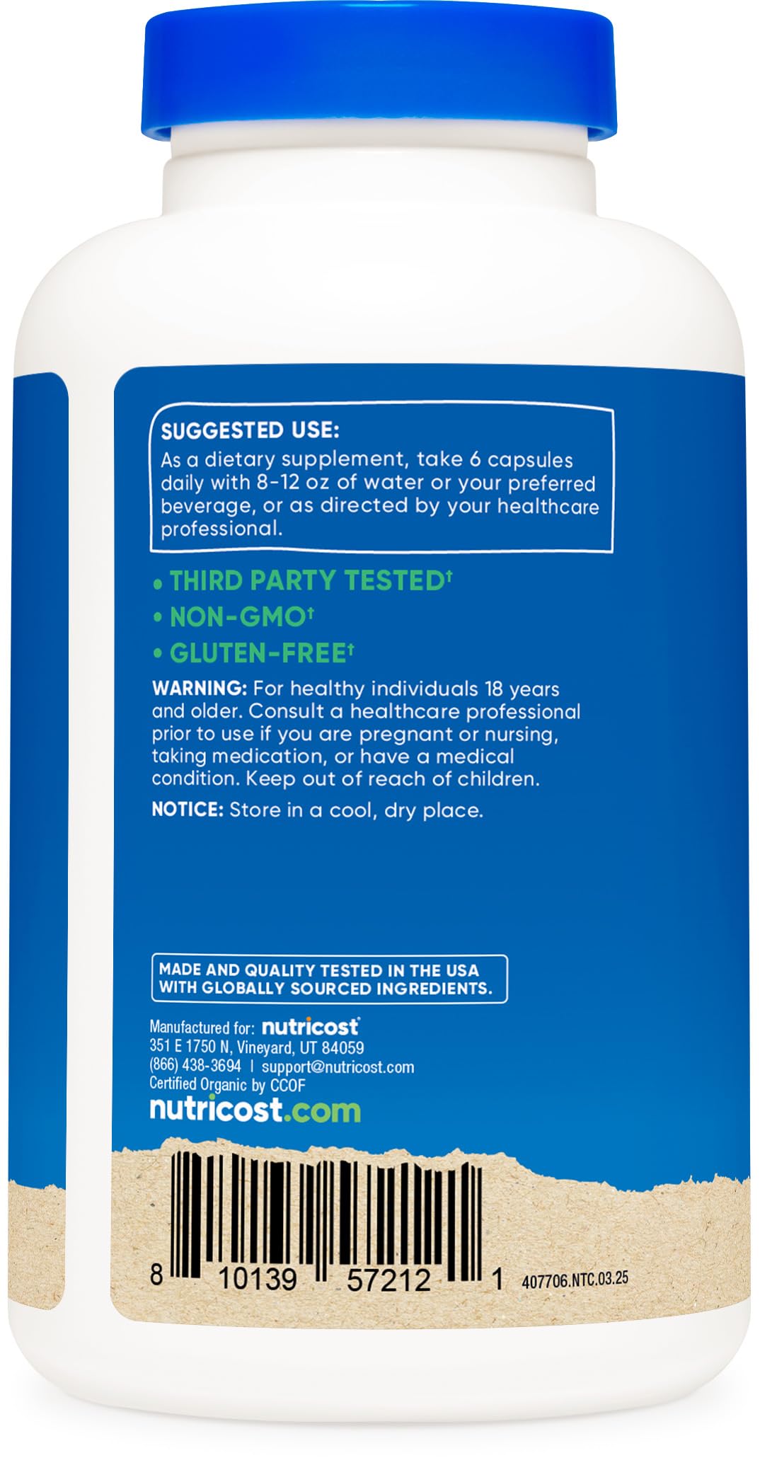 Etiqueta Nutricost con sello CCOF y datos de calidad visibles para confianza