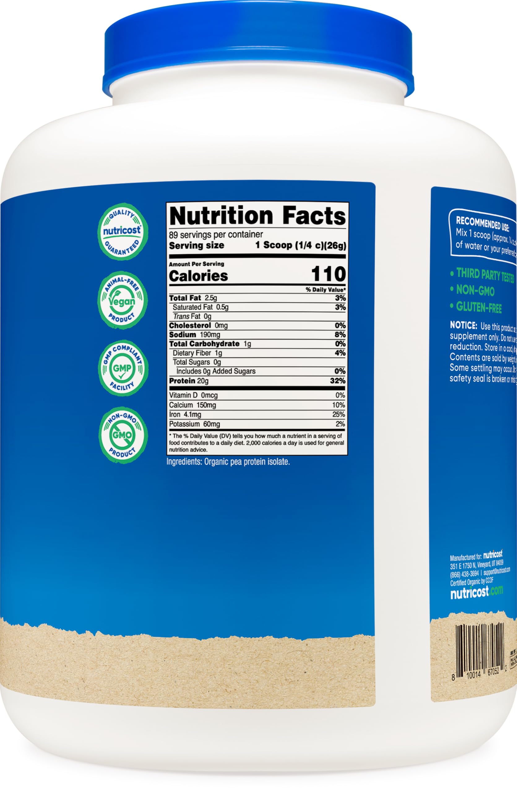 Nutricost etiqueta con certificaciones USDA Organic y sellos GMP, confianza