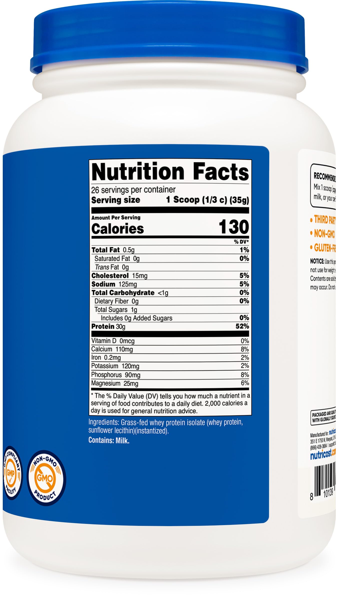 Etiqueta Nutricost con certificaciones Kosher Halal GMP y libre de rBGH mostrando calidad y seguridad