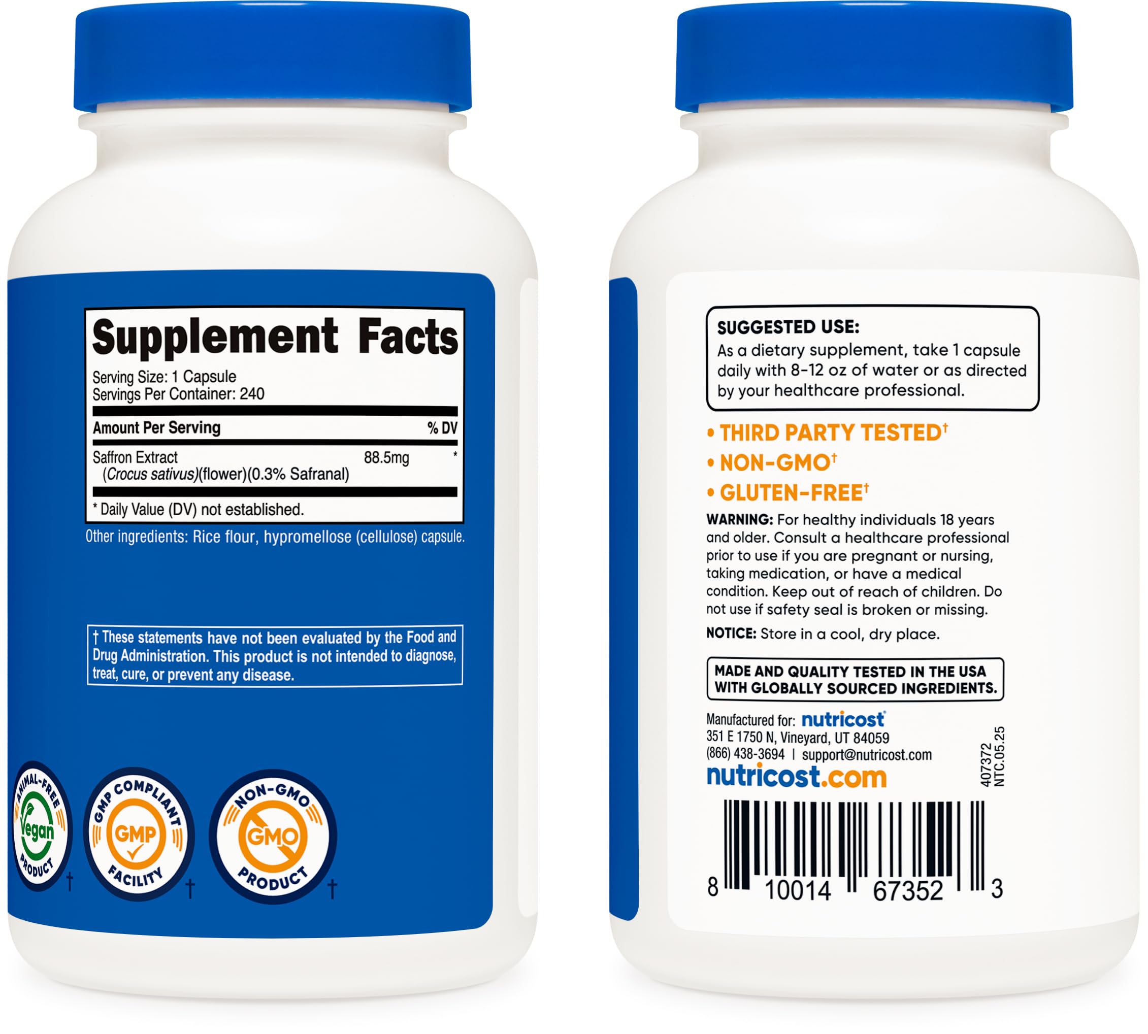 Nutricost etiqueta con certificaciones NSF y GMP visible, transmite confianza